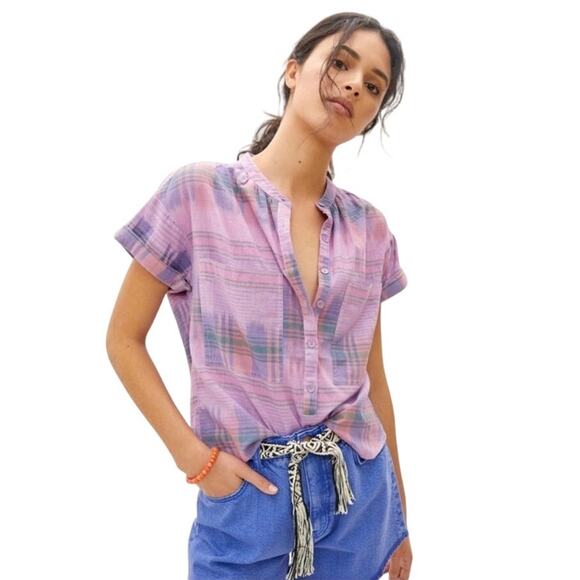 Pilcro Anthropologie Hannah Surf Top Cotton Blouse Soft Lavender Plaid, size XS - Picture 5 of 7